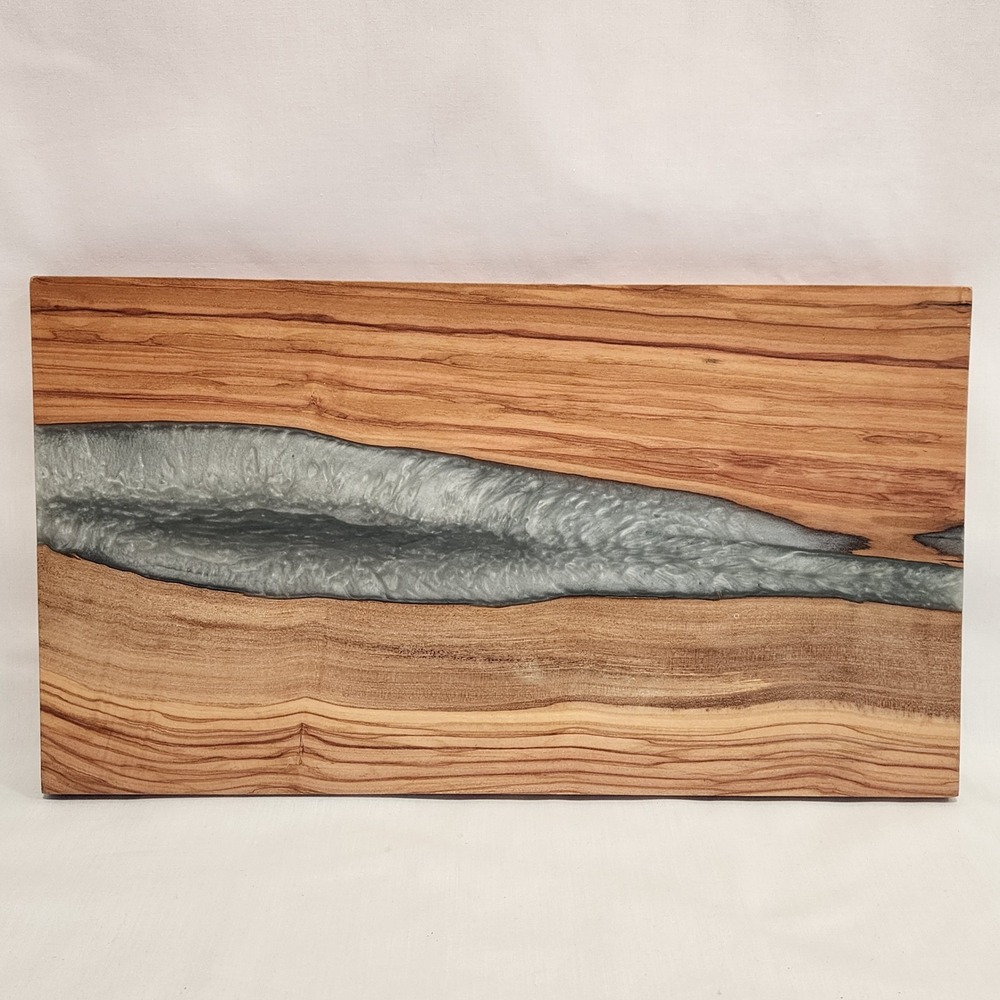 Olive Wood Resin River Charcuterie Board Silver Metallic Inlay Serving Tray 16in